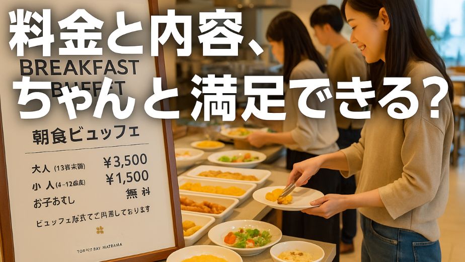 東京ベイ舞浜ホテルの朝食ビュッフェ料金案内と、料理を楽しむ宿泊客の姿