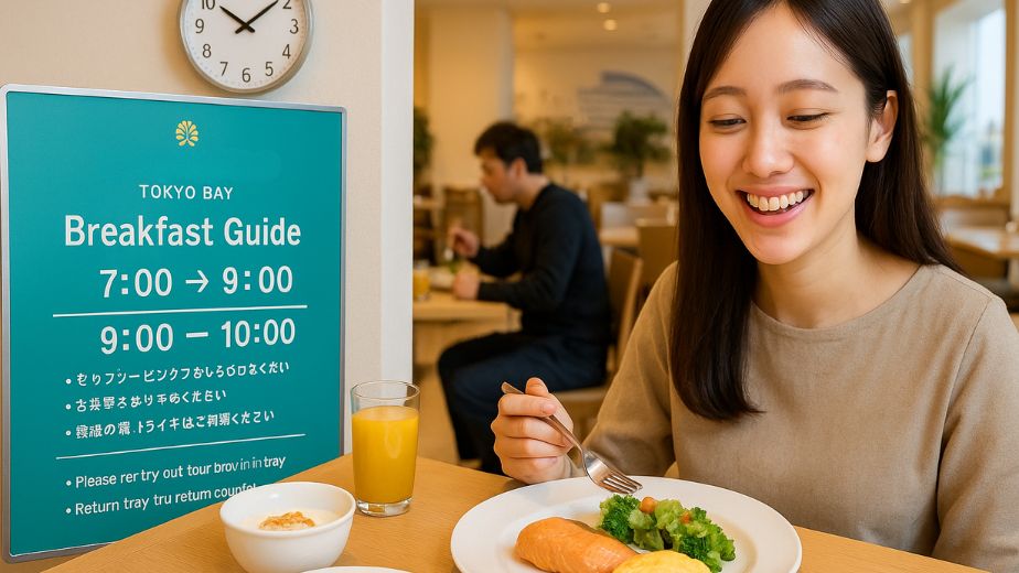 東京ベイ舞浜ホテルの朝食の流れを示す案内ボードと、朝食を取る宿泊客