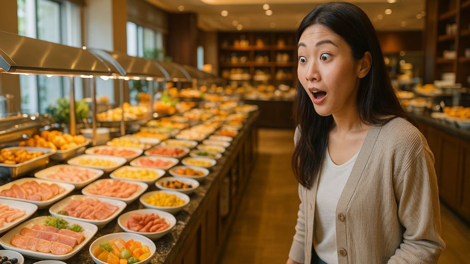 種類豊富なビュッフェ料理と、それを見て納得する表情の女性。