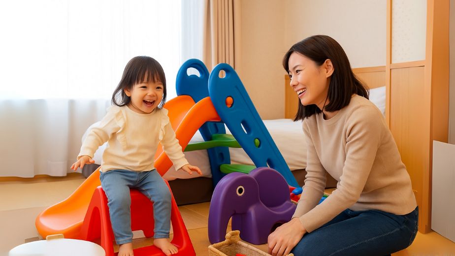 おもちゃ付きのホテル客室で遊ぶ子どもと見守るママの様子