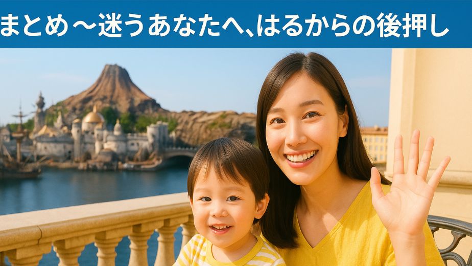 ミラコスタのバルコニーからパークを見下ろし微笑む母子。旅行に迷う読者への応援メッセージ