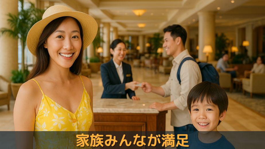 ヒルトン東京お台場のロビーでチェックインする家族。スタッフの笑顔と広々としたラウンジが印象的
