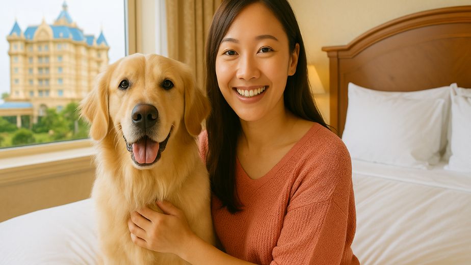 ヒルトン東京お台場の客室バルコニーでペットと遊ぶ親子。ドッグランやおもちゃも充実