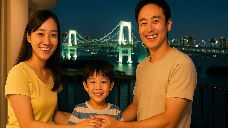 東京湾を背景にバルコニーで手をつなぐ家族。ヒルトン東京お台場での旅の思い出を振り返る