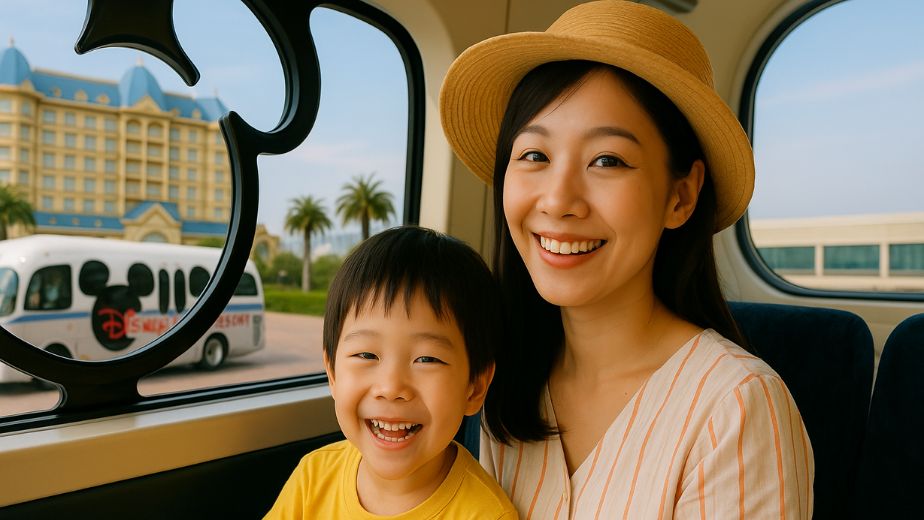 ディズニー行きのミッキーバスに乗る親子の楽しそうな笑顔