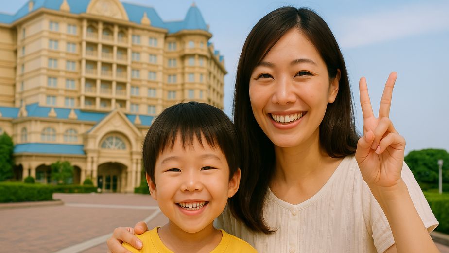 笑顔でピースをする親子とホテル外観の写真