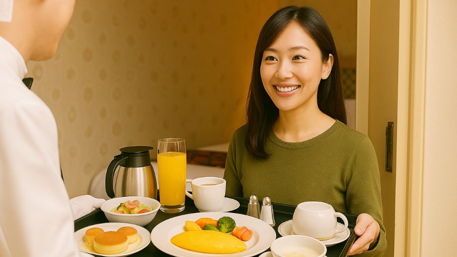 ルームサービスが並ぶ豪華な朝食トレイと笑顔で受け取るママの姿]