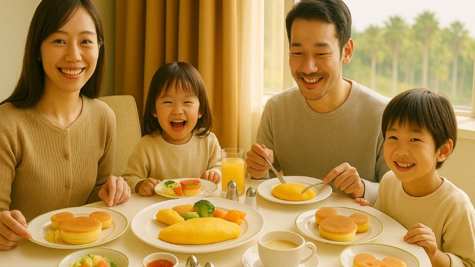 窓際で朝の陽ざしを浴びながら、テーブルに並ぶ人数分のミッキーパンケーキやカラフルな朝食を囲む家族の写真