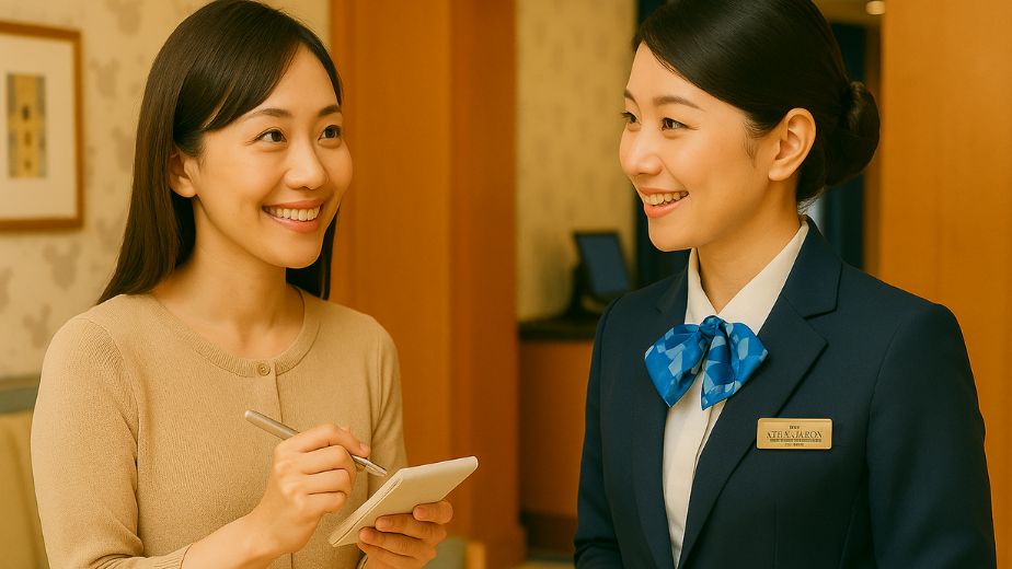 ディズニーアンバサダーホテルでの滞在に関する質問をスタッフに尋ねる母親の様子。