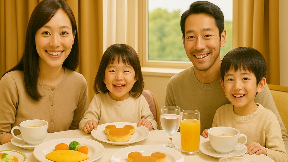 家族全員が食卓を囲んで笑顔を見せる記念写真風ショット