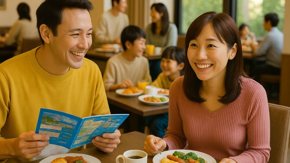 ホテル朝食会場で旅の情報を確認しながら会話するカップルと、朝食を楽しむ人々。