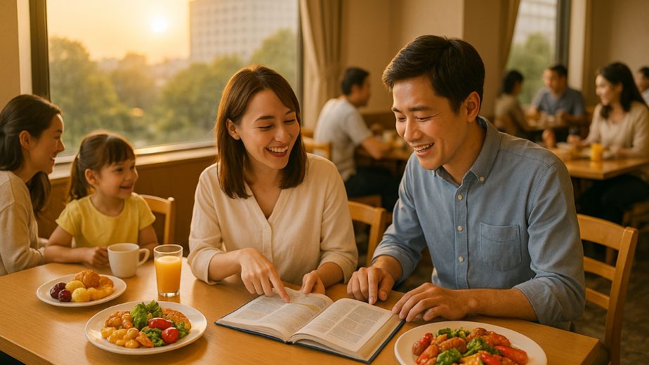 窓から朝日が差し込むホテルの朝食会場で、家族やカップルが笑顔で朝食を楽しむ様子。