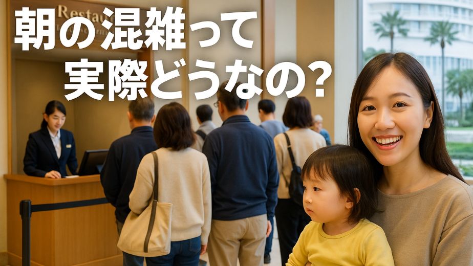 「東京ベイ舞浜ホテルの朝食会場で、朝の時間帯に並ぶ宿泊客の列と受付風景