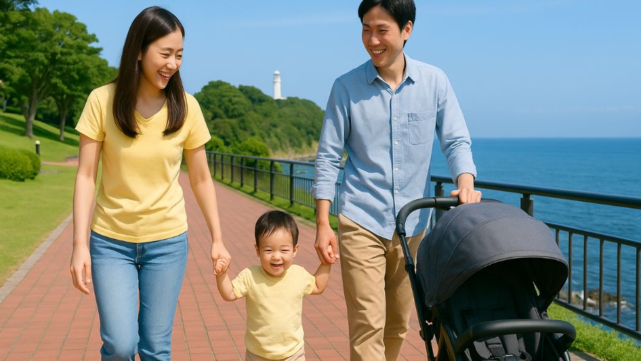 三崎公園を散歩する家族と遠くに見える塩屋埼灯台