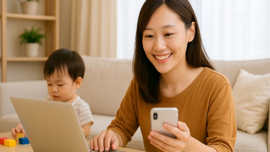 パソコンで宿を調べながら１歳の子供を見守るママ